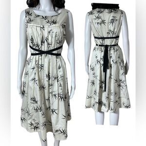 TALBOTS Dark Green & Black Bamboo Print Shift Dress 8 w/ Grosgrain Ribbon Belt